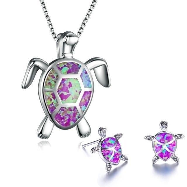 Schmuckset für Damen | Halskette | Ohrringe | Silber | Opal | Schildkröte-Lila-Luzern Mode