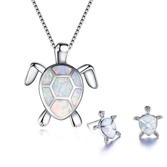 Schmuckset für Damen | Halskette | Ohrringe | Silber | Opal | Schildkröte-Weiß-Luzern Mode