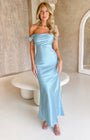 Off-Shoulder Maxi Kleid | Enganliegend | Ärmellos | Dehnbar | Einfarbig-Blau-S-Luzern Mode