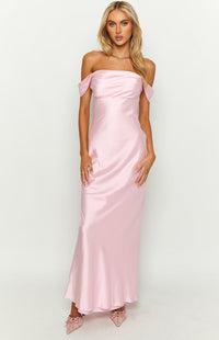 Off-Shoulder Maxi Kleid | Enganliegend | Ärmellos | Dehnbar | Einfarbig-Rosa-S-Luzern Mode
