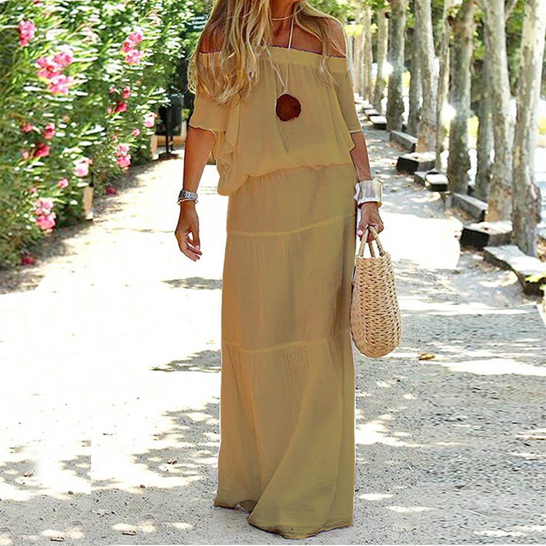 Lange Sommerkleid | Off-Shoulder | Locker | Einfarbig | Dreiviertelärmel-Khaki-S-Luzern Mode