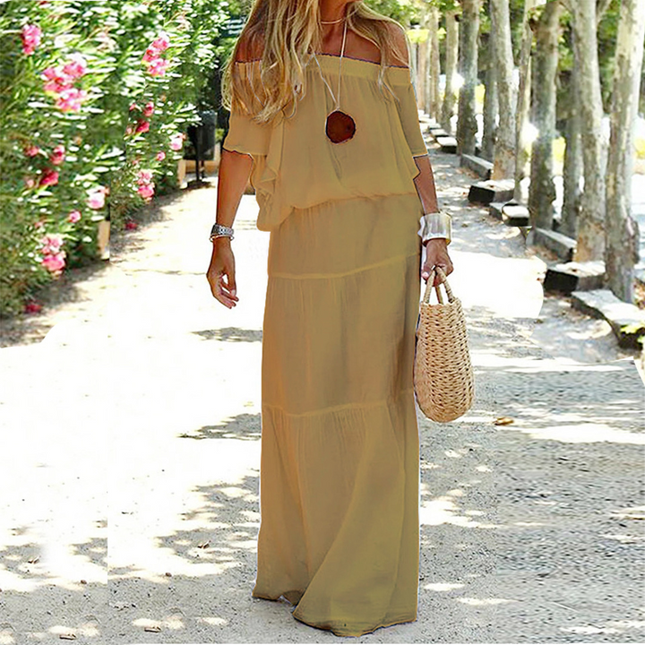 Lange Sommerkleid | Off-Shoulder | Locker | Einfarbig | Dreiviertelärmel-Khaki-S-Luzern Mode