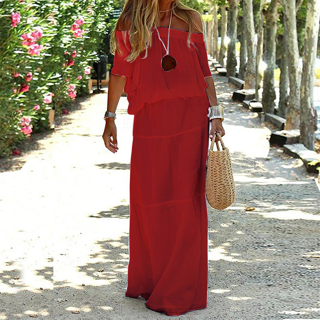 Lange Sommerkleid | Off-Shoulder | Locker | Einfarbig | Dreiviertelärmel-Rot-S-Luzern Mode
