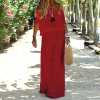 Lange Sommerkleid | Off-Shoulder | Locker | Einfarbig | Dreiviertelärmel-Rot-S-Luzern Mode