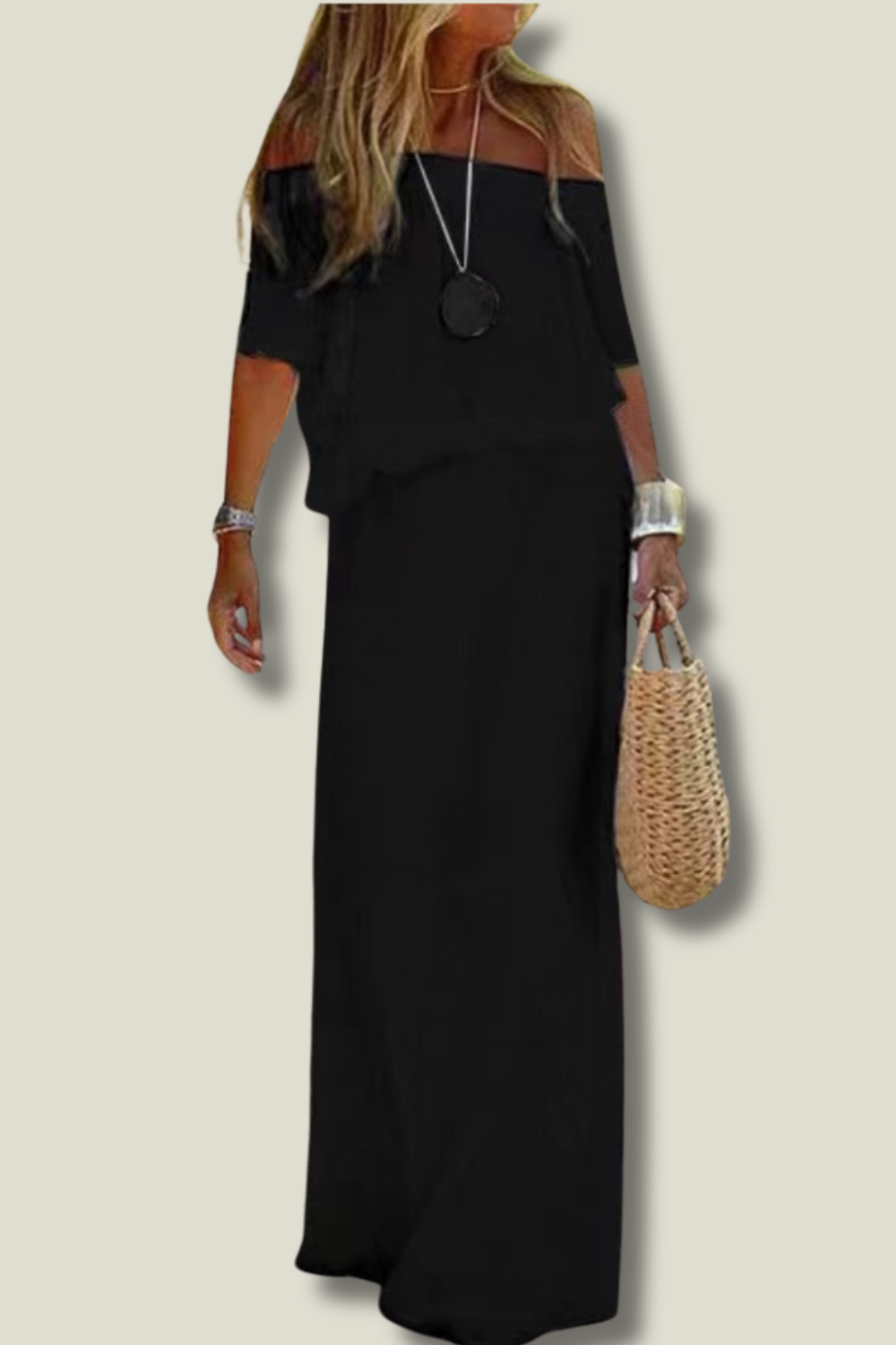 Lange Sommerkleid | Off-Shoulder | Locker | Einfarbig | Dreiviertelärmel-Schwarz-S-Luzern Mode