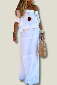 Lange Sommerkleid | Off-Shoulder | Locker | Einfarbig | Dreiviertelärmel-Weiß-S-Luzern Mode