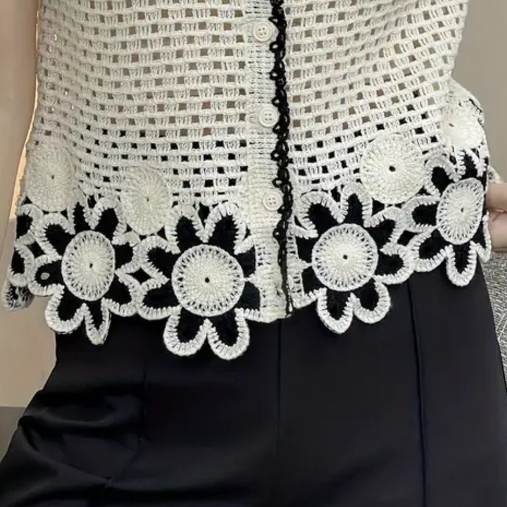 Damen Häkel-Strickjacke mit Blumenmuster und V-Ausschnitt-Luzern Mode