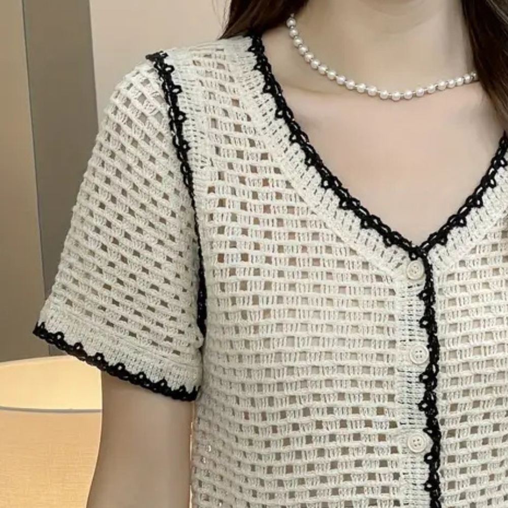 Damen Häkel-Strickjacke mit Blumenmuster und V-Ausschnitt-Luzern Mode