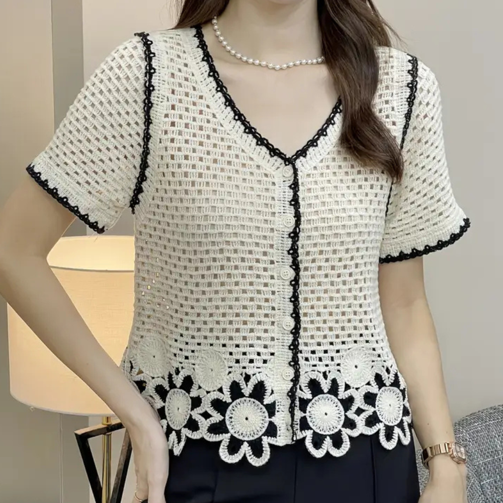Damen Häkel-Strickjacke mit Blumenmuster und V-Ausschnitt-Luzern Mode