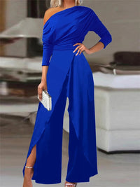 Damen Jumpsuit | Rüschen | Ein Schulter | Uni | Locker | Schlitz-Blau-S-Luzern Mode