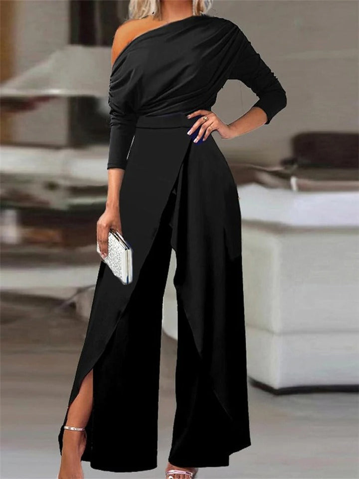 Damen Jumpsuit | Rüschen | Ein Schulter | Uni | Locker | Schlitz-Schwarz-S-Luzern Mode