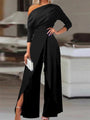 Damen Jumpsuit | Rüschen | Ein Schulter | Uni | Locker | Schlitz-Schwarz-S-Luzern Mode