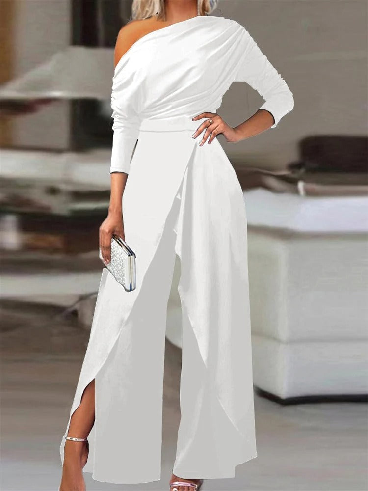 Damen Jumpsuit | Rüschen | Ein Schulter | Uni | Locker | Schlitz-Weiß-S-Luzern Mode