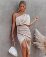 Einarmiges Satin-Kleid für Damen – Elegantes Abendoutfit-Gold-S-Luzern Mode