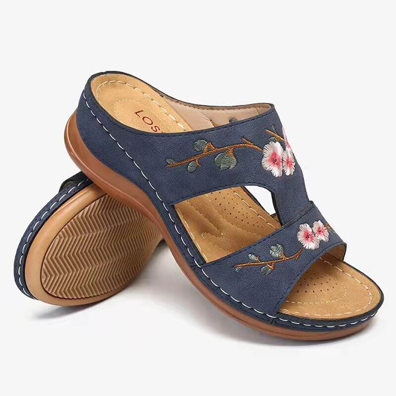 Damen Sandalen | Blumenprint | Offenes Design | Orthopädisch | PU-Luzern Mode
