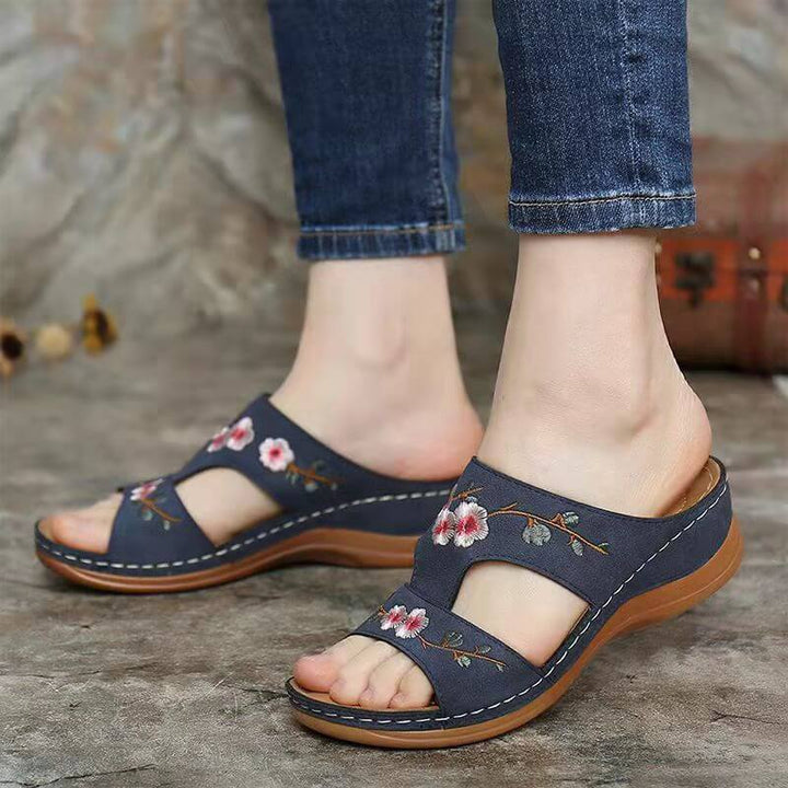 Damen Sandalen | Blumenprint | Offenes Design | Orthopädisch | PU-Luzern Mode