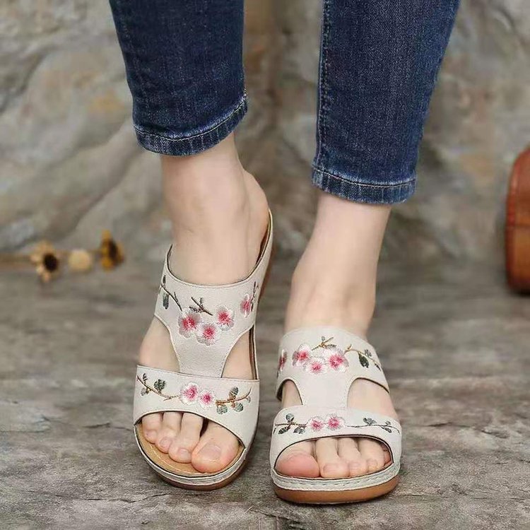 Damen Sandalen | Blumenprint | Offenes Design | Orthopädisch | PU-Beige-35-Luzern Mode