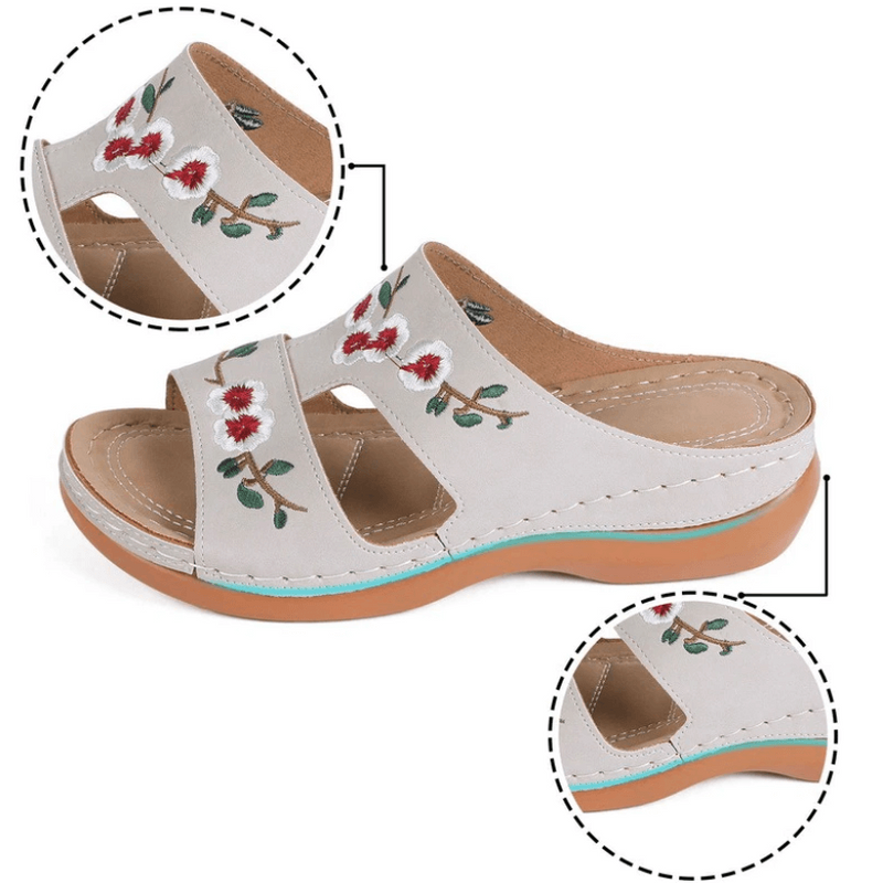 Damen Sandalen | Blumenprint | Offenes Design | Orthopädisch | PU-Luzern Mode