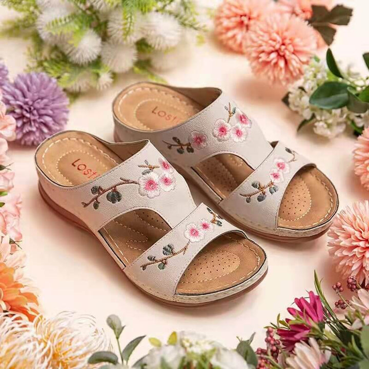 Damen Sandalen | Blumenprint | Offenes Design | Orthopädisch | PU-Luzern Mode
