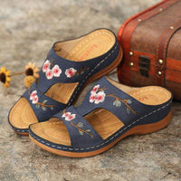 Damen Sandalen | Blumenprint | Offenes Design | Orthopädisch | PU-Blau-35-Luzern Mode