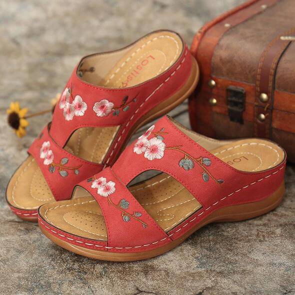 Damen Sandalen | Blumenprint | Offenes Design | Orthopädisch | PU-Rot-35-Luzern Mode