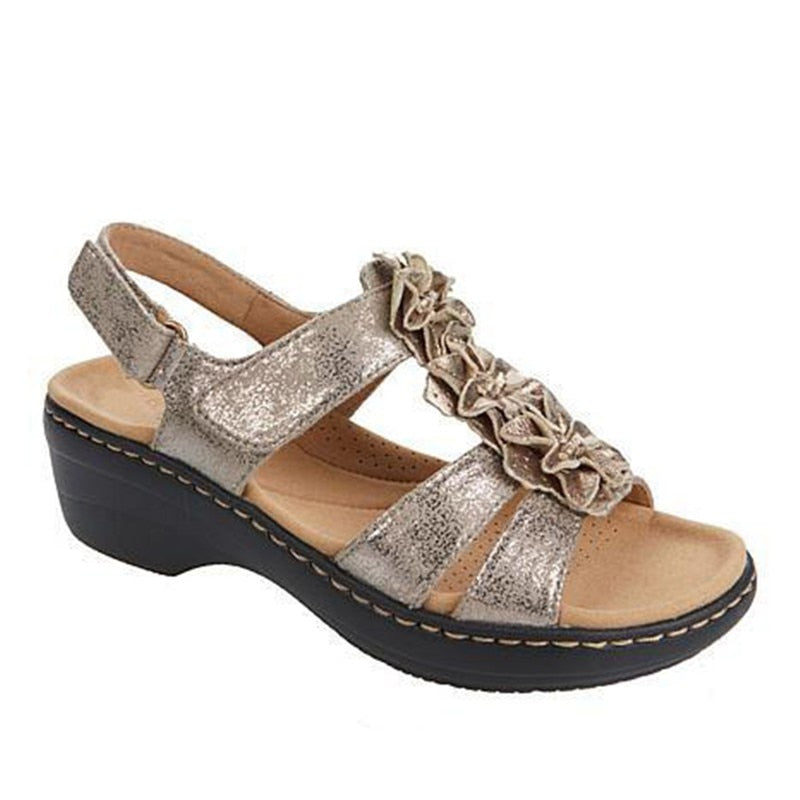 Orthopädische Sandalen Damen | Sommer | Bequem | Retro | Blumen | Keil-Gold-35-Luzern Mode
