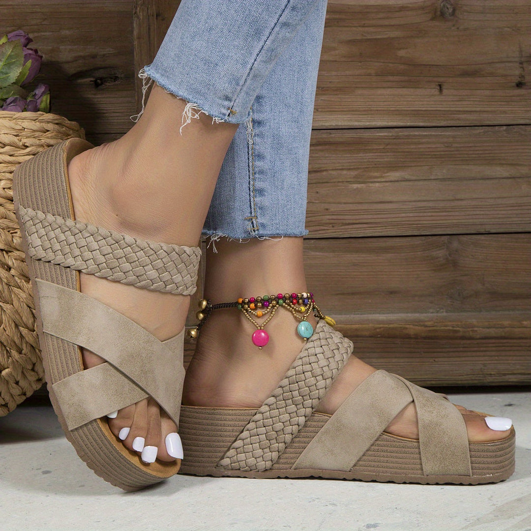 Damen Keilsandaletten mit Geflecht und Komfortsohle-Beige-36-Luzern Mode