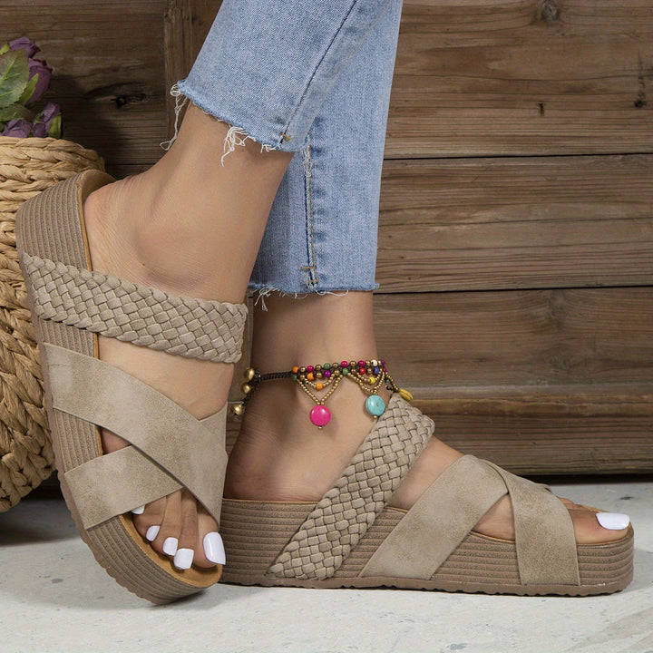 Damen Keilsandaletten mit Geflecht und Komfortsohle-Beige-36-Luzern Mode