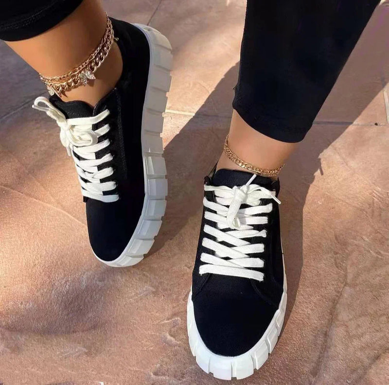 Damen Sneakers | Orthopädisch | Plateau-Sohle | Slipper | Antirutsch-Sohle-Schwarz Weiß Schnürsenkel-36-Luzern Mode