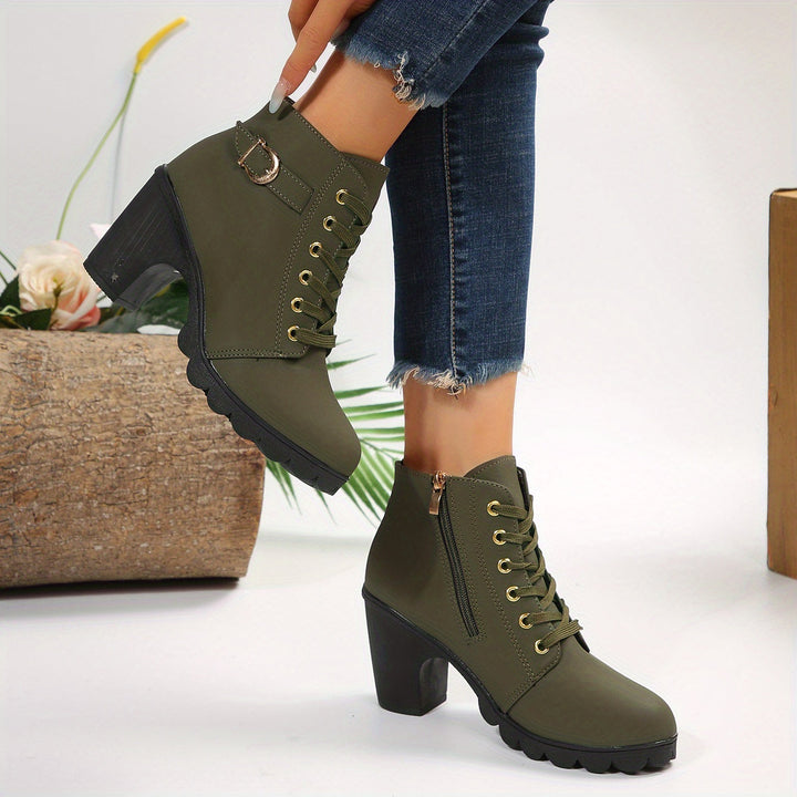 Damen Stiefeletten | Absatz | Orthopädisch | Reißverschluss | Schnürung | Rutschfest-Grün-35-Luzern Mode