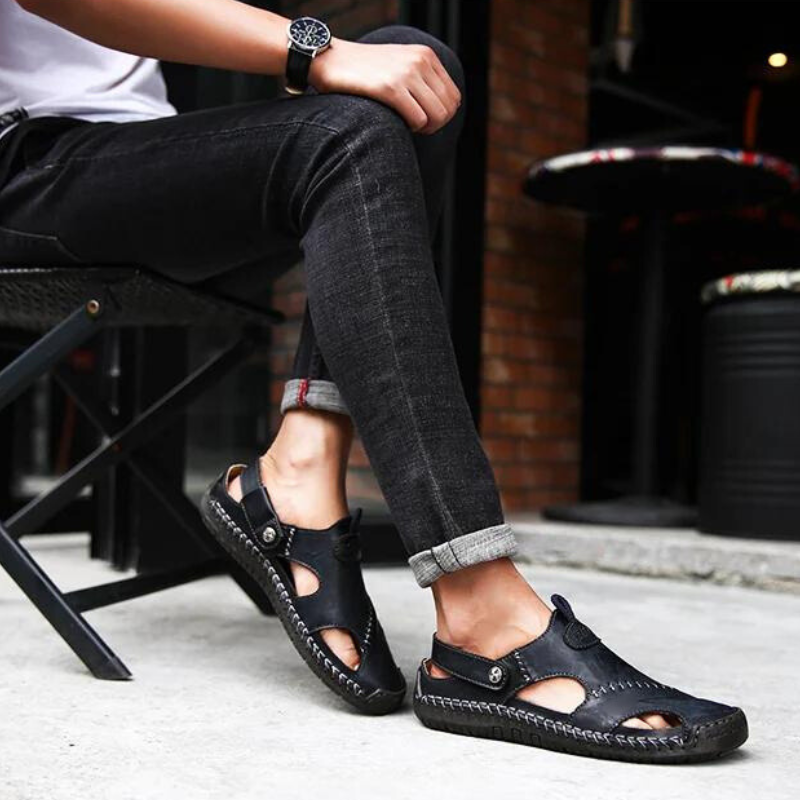 Herren Sandalen | Spatleder | Dichtes Design | Atmungsaktiv | Unifarbe-Luzern Mode