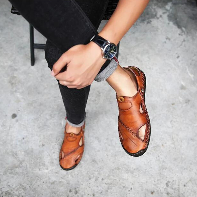 Herren Sandalen | Spatleder | Dichtes Design | Atmungsaktiv | Unifarbe-Luzern Mode