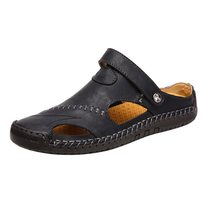 Herren Sandalen | Spatleder | Dichtes Design | Atmungsaktiv | Unifarbe-Schwarz-39-Luzern Mode