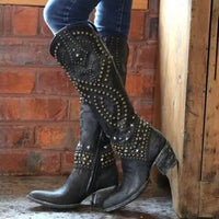 Damen Westernstiefel mit Nieten und Stickerei Design-Schwarz-34-Luzern Mode