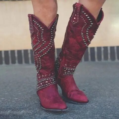 Damen Westernstiefel mit Nieten und Stickerei Design-Weinrot-34-Luzern Mode
