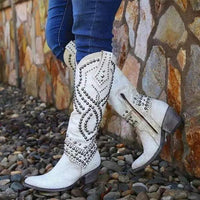 Damen Westernstiefel mit Nieten und Stickerei Design-Weiß-34-Luzern Mode