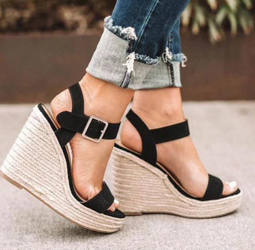 Damen Sandalen | Keilabsatz | Schnalle | Verstellbar | Kork | Orthopädisch-Schwarz-35-Luzern Mode
