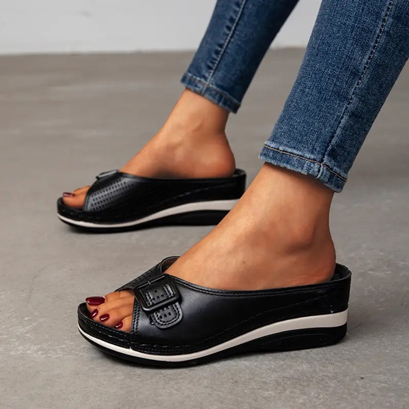 Damen Sandalen | Orthopädisch | Offenes Design | Slip-On | Vegan-Schwarz-35-Luzern Mode