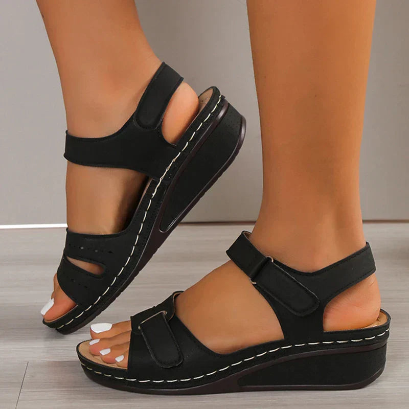 Damen Sandalen | Offen | Orthopädisch | Verstellbar | Veganes Leder-Schwarz-35-Luzern Mode