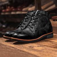 Herren Lederstiefel Vintage Stil mit Schnürung-Schwarz-38-Luzern Mode