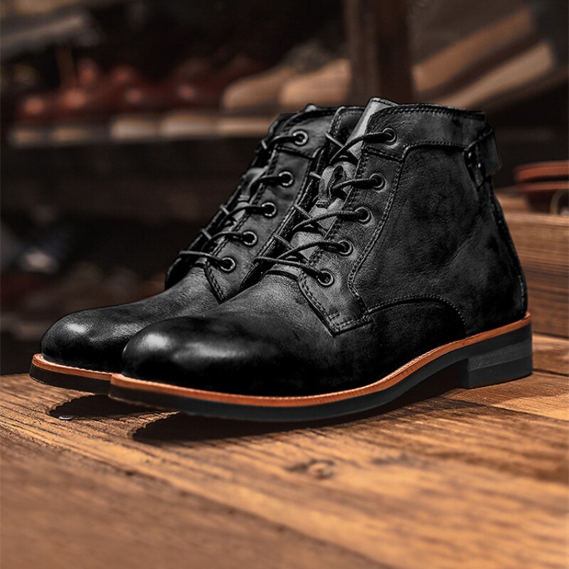 Herren Lederstiefel Vintage Stil mit Schnürung-Schwarz-38-Luzern Mode