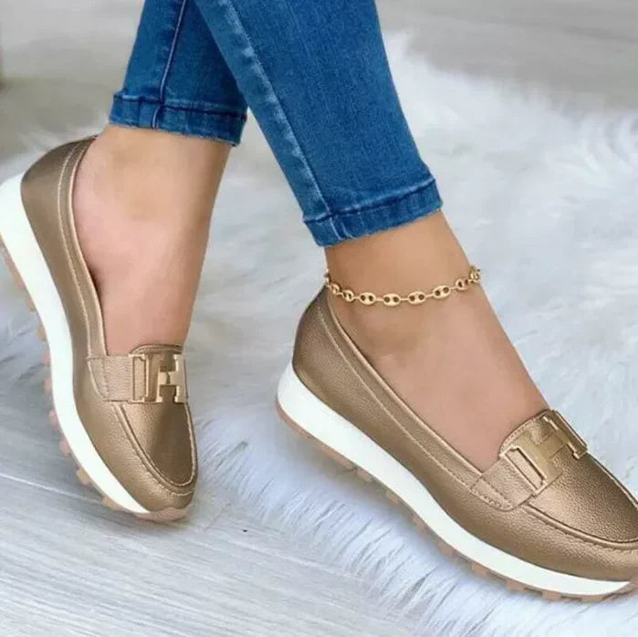 Orthopädische Damenschuhe | Slippermodell | Schnallen-Detail | Ergonomisch-Goldfarbe-35-Luzern Mode