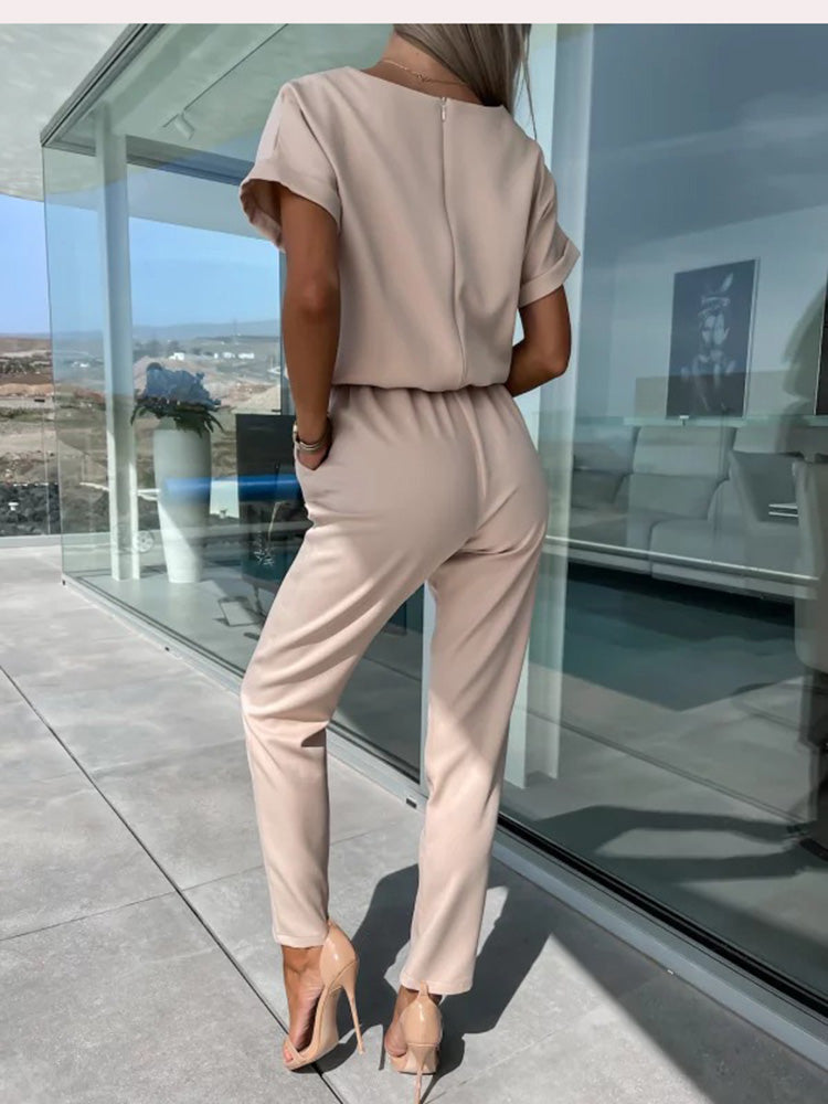 Damen Sommer Jumpsuit | Kurze Arme | Gürtel | V-Ausschnitt | Reißverschluss-Khaki-S-Luzern Mode