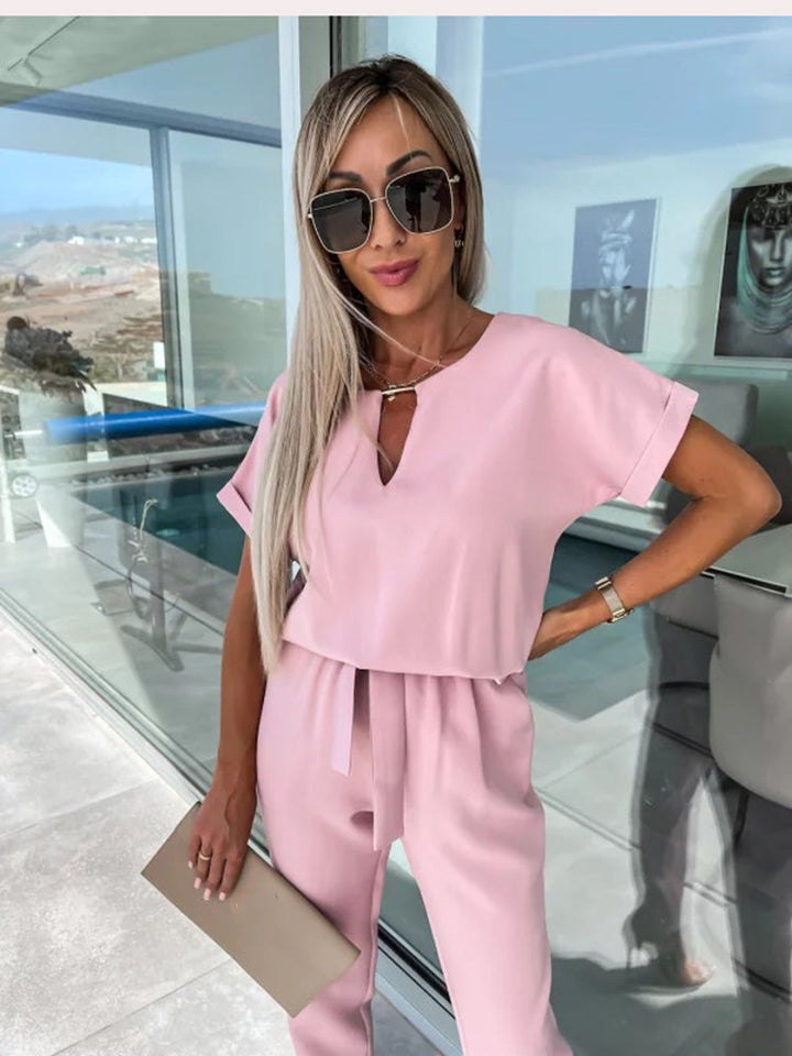 Damen Sommer Jumpsuit | Kurze Arme | Gürtel | V-Ausschnitt | Reißverschluss-Luzern Mode