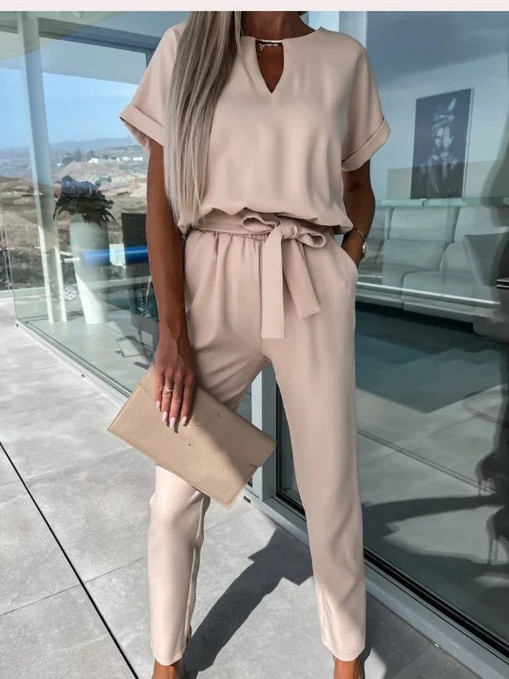Damen Sommer Jumpsuit | Kurze Arme | Gürtel | V-Ausschnitt | Reißverschluss-Luzern Mode