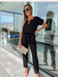Damen Sommer Jumpsuit | Kurze Arme | Gürtel | V-Ausschnitt | Reißverschluss-Schwarz-S-Luzern Mode