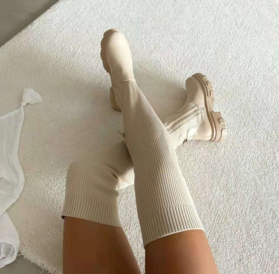 Damen Stiefel Knit Langschaft - Modische Herbstschuhe-beige-36-Luzern Mode