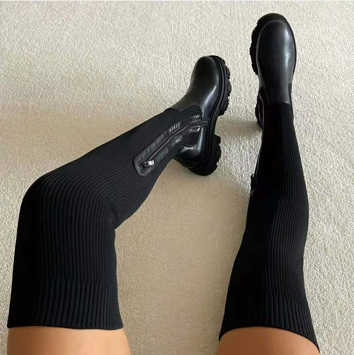 Damen Stiefel Knit Langschaft - Modische Herbstschuhe-Schwarz-36-Luzern Mode