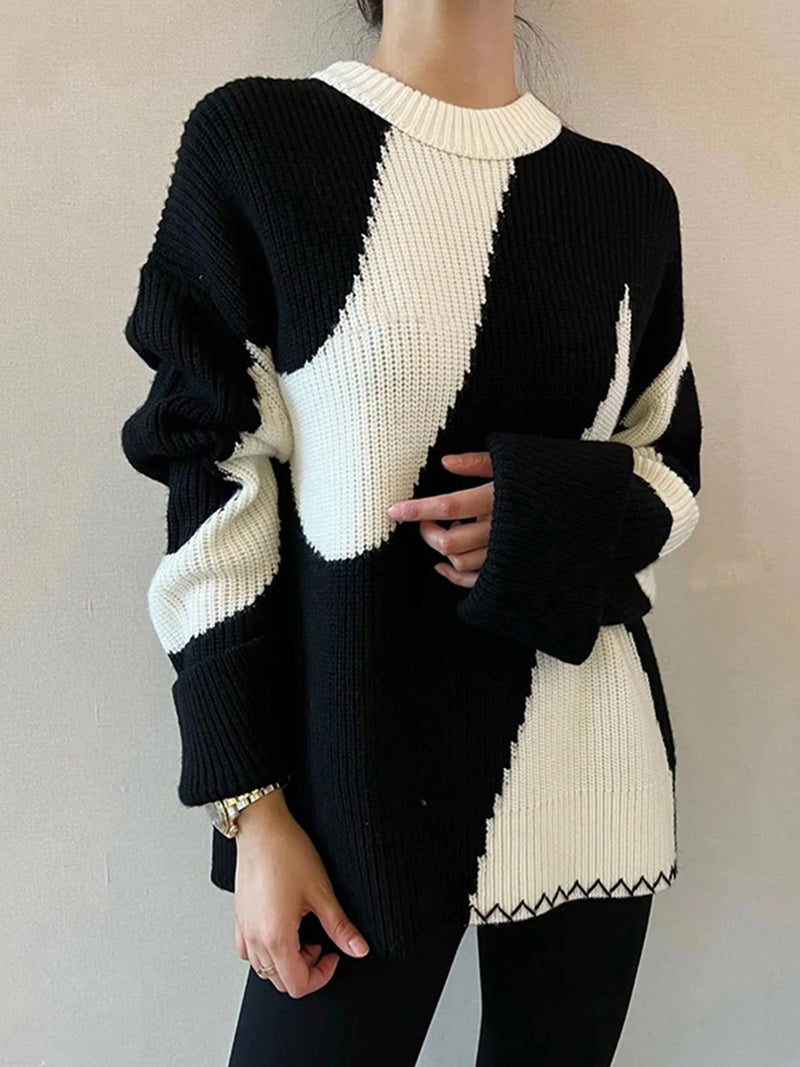 Damen Strickpullover mit abstraktem Muster, warm und stilvoll-Luzern Mode