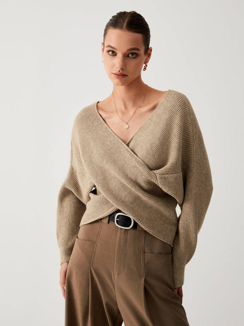Damen Strickpullover mit V-Ausschnitt und Handtasche Set-Khaki-XS-Luzern Mode